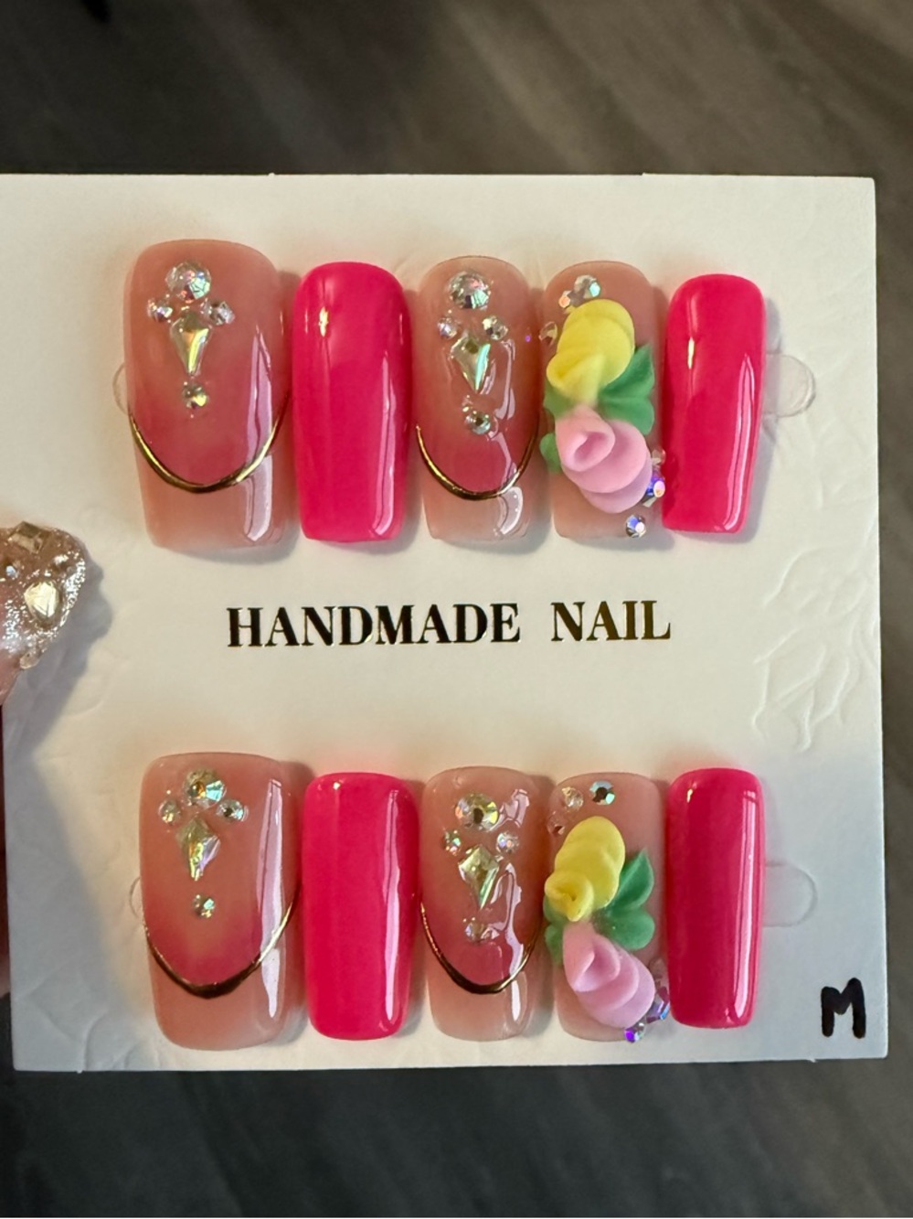 Handmade Pink Floral Press-On Nails with Rhinestones